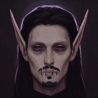 MORTLAKE's avatar: a pale face with long dark hair, pointed ears, a moustache and a mouth stitched shut